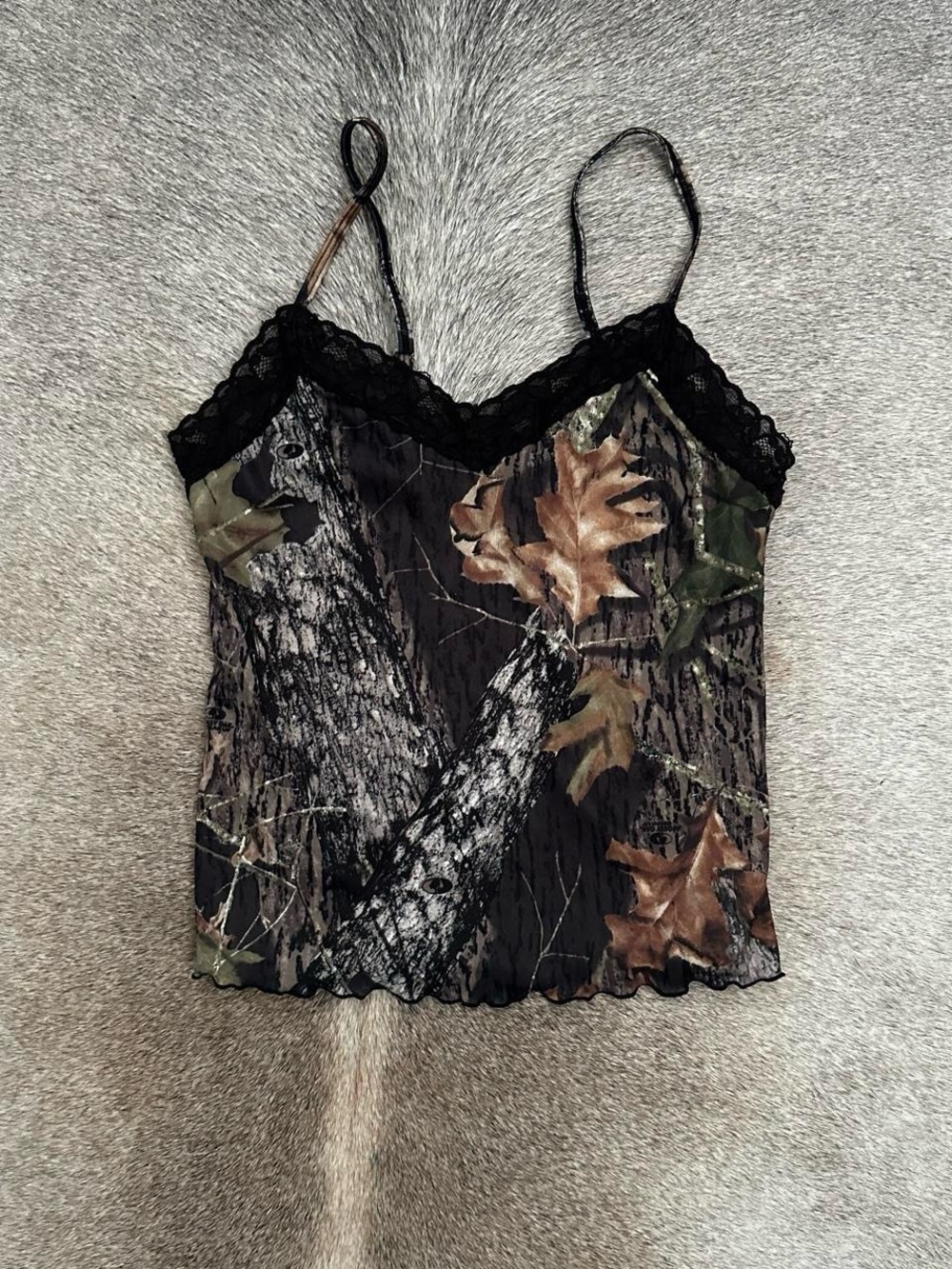 Camo Lace Trim Spaghetti Strap Tank Top - Black/Green/Brown